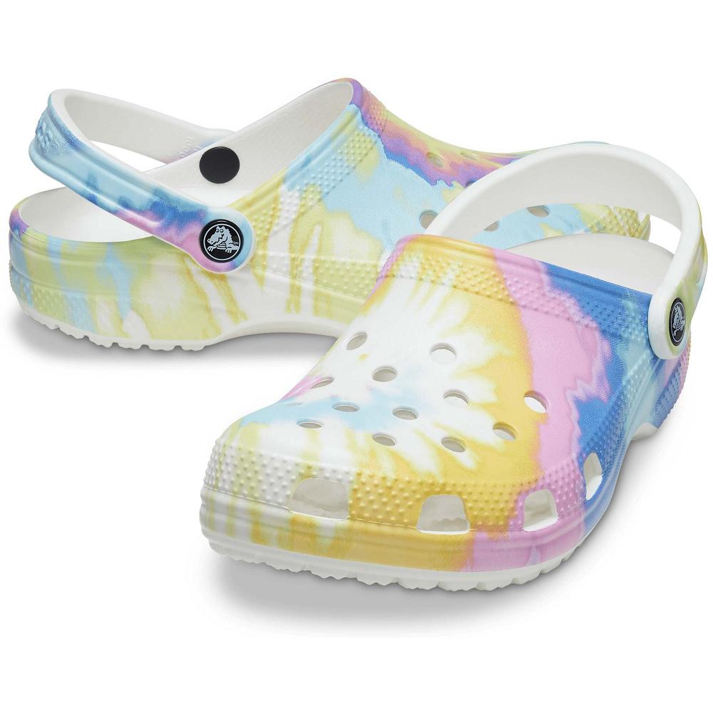 White / Multi Women's Crocs Classic Tie-Dye Graphic Clogs | NZ 0133EBCX
